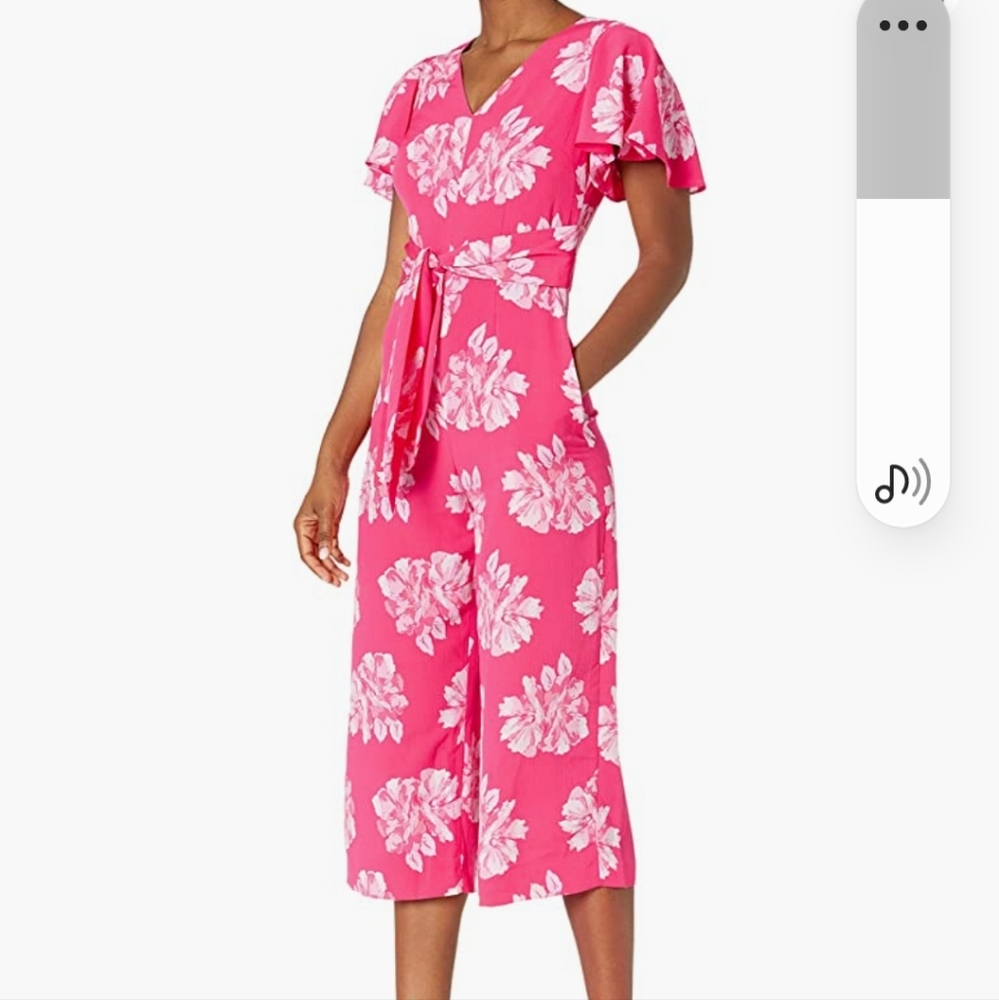 Tahari Fuchsia Short Flutter Sleeve V neck floral Jumpsuit